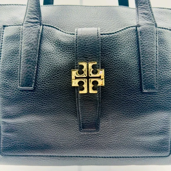Tory Burch Meyer Plaque Pebbled Leather Tote Bag in Black - Picture 2 of 16